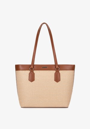 Sac fourre-tout tissé beige avec des accents et des poignées en cuir brun. Possède une forme structurée, deux poignées supérieures et des coutures décoratives.