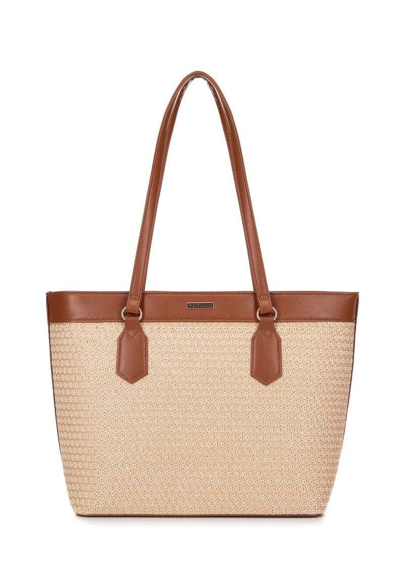 Beige geweven tote bag met bruine leren accenten en handvatten. Heeft een gestructureerde vorm, twee bovenhandvatten en decoratieve stiksels.