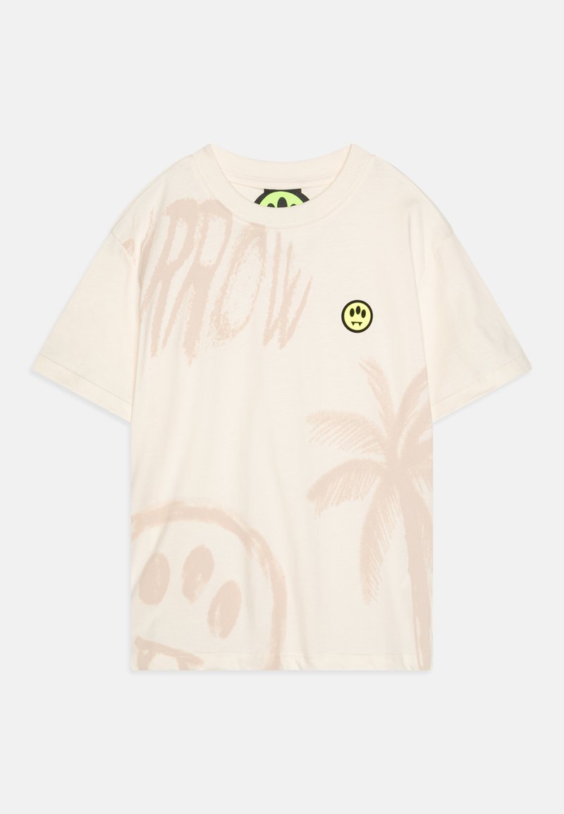 Cream short-sleeve T-shirt featuring light pink graphic designs of palm trees and the word "ARROW," with a round, yellow smiley patch.