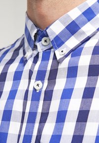 Blauw-wit geruit overhemd met een button-down kraag, met afwisselende strepen in verschillende tinten blauw en grijs, en plastic knopen.