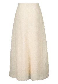 Jupe midi en ligne A de couleur ivoire, avec un motif floral texturé comportant des designs de roses en relief. Tissu lisse avec une subtile brillance.