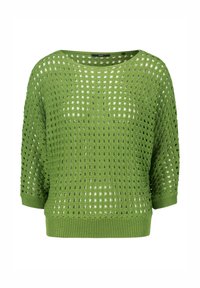 Groene cropped trui met een losse, open gebreide structuur. Heeft brede, korte mouwen en een ronde halslijn, met een geribbelde zoom.