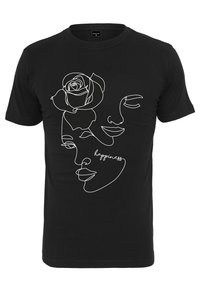 Black T-shirt made of cotton featuring a white line art design of faces and a rose, with the word "happiness" incorporated in the illustration.