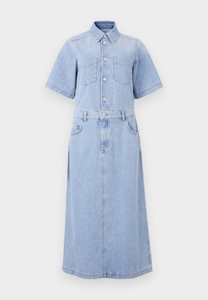 Light blue denim shirt dress with short sleeves, two chest pockets, button front, cinched waist with a belt, and a long A-line skirt.