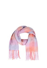 Mitmevärviline heegeldatud sall pastelse roosa, lilla ja oranži toonides, millel on narmad, pehme tekstuur ja ruuduline muster.