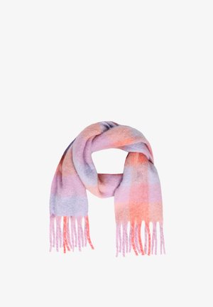 Multicolored knitted scarf in pastel shades of pink, purple, and orange, featuring fringed ends, soft texture, and checkered pattern.