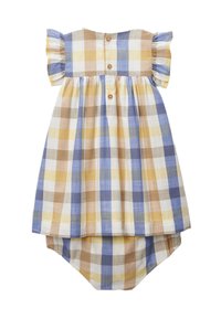 Robe pour bébé avec culottes assorties dans un motif à carreaux jaune, bleu, beige et blanc, avec des boutons et des manches courtes à volants.