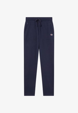 Pantalones deportivos azul marino hechos de tela suave, con cintura ajustable con cordón, dos bolsillos con cremallera y logo en el muslo izquierdo.