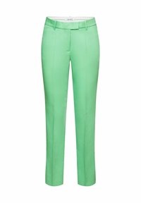 Green tailored trousers with a smooth texture, featuring a flat front, belt loops, and a straight leg design.