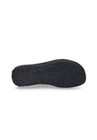 Schwarze Gummisohle mit einem strukturierten Griffmuster, abgerundeten Kanten und einem Logo-Abdruck, der Haltbarkeit und Traktion betont.