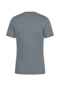 Maglietta grigio a maniche corte realizzata in un tessuto liscio. Presenta un colletto girocollo e un design semplice e pulito senza loghi o motivi visibili.