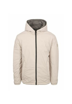 Beige gewatteerde gewatteerde jas met capuchon, een ritssluiting aan de voorkant en zijzakken, voorzien van elastische manchetten en een doorgestikte voering.