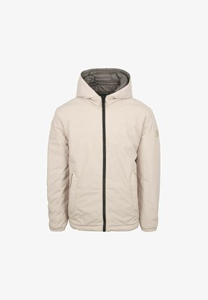 Beige wattierte Kapuzenjacke mit Frontreißverschluss und Seitentaschen, ausgestattet mit elastischen Bündchen und einem gesteppte Innenfutter.