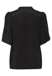 Top corto a maniche corte a righe nere con una vestibilità rilassata, caratterizzato da una texture morbida e leggera e un leggero lucido. Design sul retro visibile.