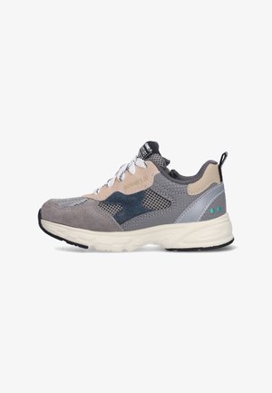 Grijze en beige sneaker met witte veters, meshpanelen, een blauw sterontwerp en een witte zool, zijaanzicht.