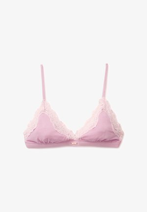 Light pink bralette with thin straps, triangular cups, and delicate lace trim along the edges on a white background.