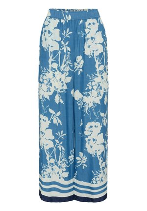 Sinised laiad püksid valge lillemustriga ja triibuline äär allosas, millel on elastne vöökoht.