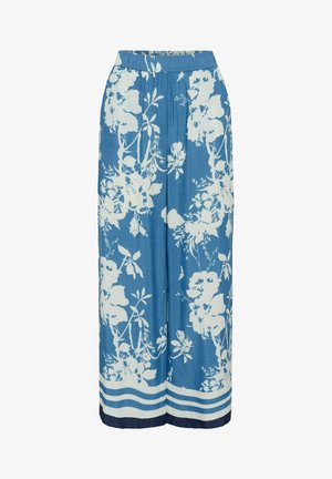 Pantalon bleu à jambes larges avec imprimé floral blanc et ourlet rayé en bas, doté d'une taille élastique.