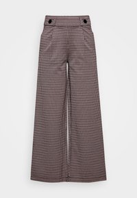 Kalhoty se širokými nohavicemi v černo-bílém vzoru houndstooth, s vysokým pasem, dvěma předními kapsami a dekorativními knoflíky.