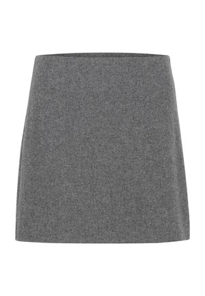 Une mini-jupe en feutre gris avec une coupe droite et une texture lisse, dotée d'une large ceinture et sans coutures ni embellissements visibles.