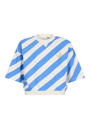 Niebiesko-biała, diagonalnie paskowana bluza z krótkim rękawem, okrągłym dekoltem i małym żółtym logo na piersi.