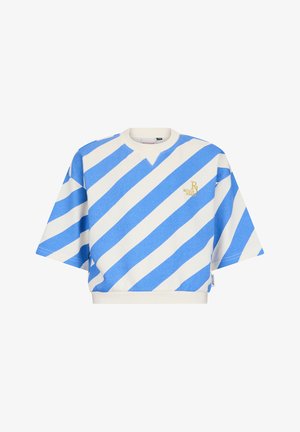 Felpa a maniche corte con strisce diagonali blu e bianche, scollo rotondo e piccolo logo giallo sul petto.