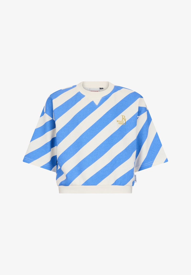 Niebiesko-biała, diagonalnie paskowana bluza z krótkim rękawem, okrągłym dekoltem i małym żółtym logo na piersi.