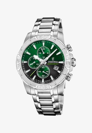 Silver stainless steel chronograph watch with a green and black dial, three subdials, date display, and luminous silver hour markers.