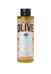 Bouteille de shampoing en plastique vert, 250 mL. L'étiquette présente des lettres noires, un graphique d'arbre et une bordure décorative. Contient un extrait d'olive nourrissant.