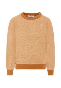 Maglione testurizzato di un arancione chiaro con scollatura rotonda e polsini a coste. Presenta un logo discreto sul davanti e dettagli del fondo a contrasto.
