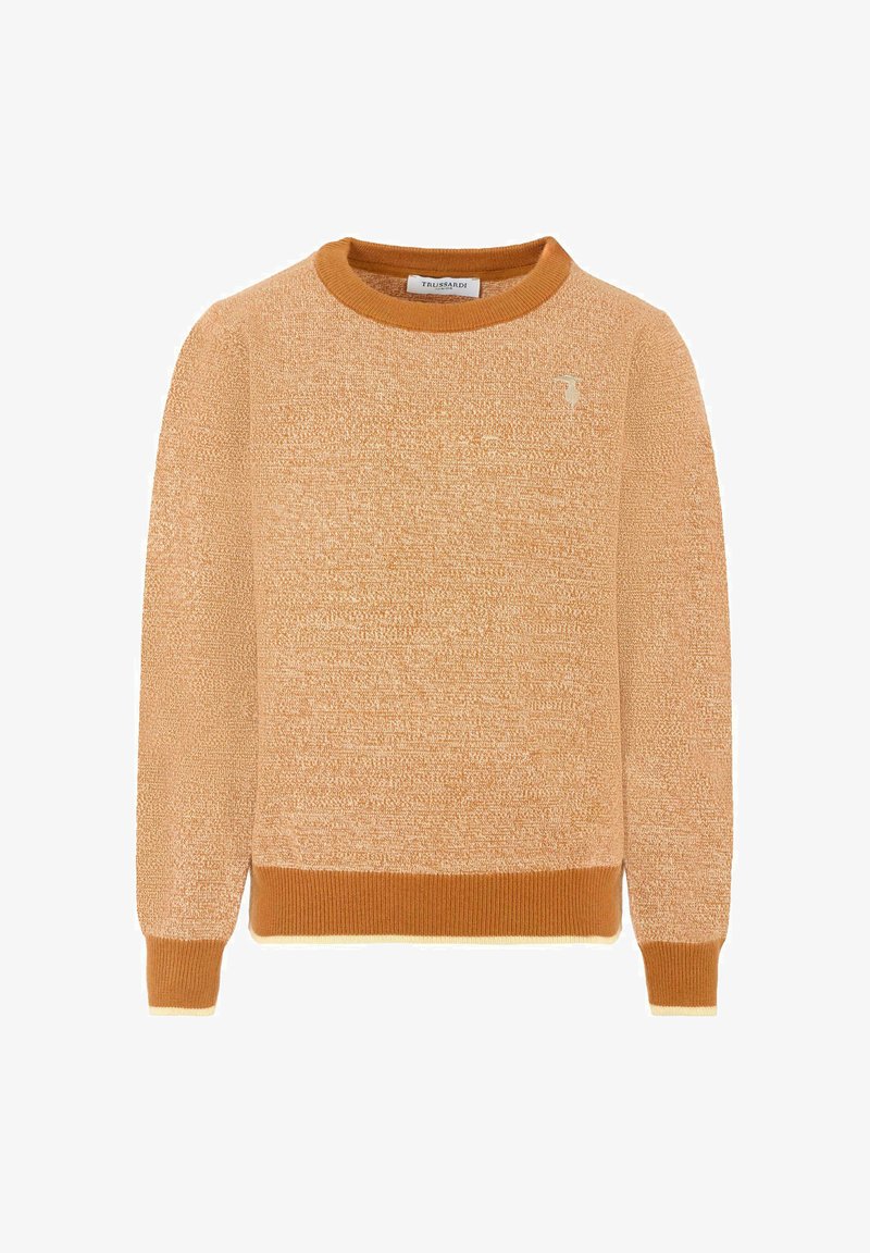 Lichtoranje textuurtrui met een ronde hals en geribde manchetten. Heeft een subtiele logo op de voorkant en contrasterende zoomdetails.