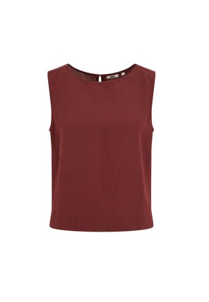 Varrukateta tumepunane lühike top ümar kaeluse ja väikese nööpkinnisega tagaküljel. Lihtne, ühtlase tooniga kangas.