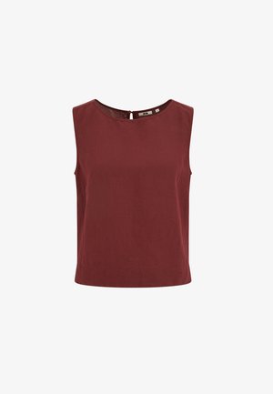 Varrukateta tumepunane lühike top ümar kaeluse ja väikese nööpkinnisega tagaküljel. Lihtne, ühtlase tooniga kangas.