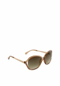 Lunettes de soleil teintées marron avec des verres ovales surdimensionnés. Monture en plastique brillant de couleur brun clair avec des branches beige contrastantes. Texture lisse.