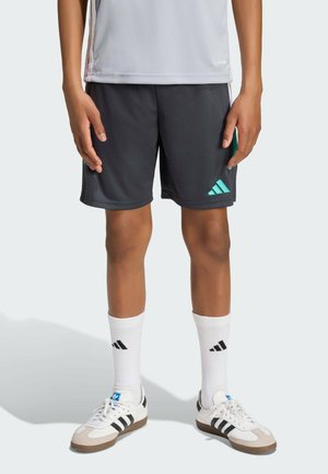 Personne portant un short de sport foncé avec un logo turquoise, des chaussettes blanches avec un logo noir et des baskets blanches à rayures noires, debout devant un fond uni.