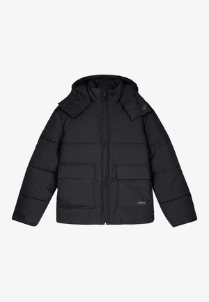 Black puffer jacket featuring a hood, a front zipper, two large pockets, and a quilted texture with slight sheen. Minimalist design.