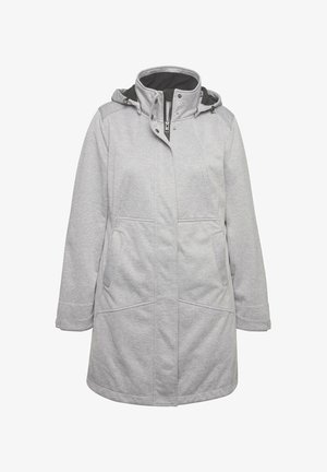 Grauer, isolierter Mantel mit hohem Kragen und abnehmbarem Kapuze. Mit Reißverschluss und zwei vorderen Taschen mit sichtbaren Nähdetails.