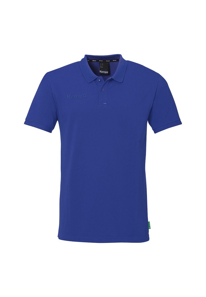 Blauwe polo gemaakt van lichtgewicht stof, met een klassieke kraag, korte mouwen en een subtiele logo geborduurd op de borst.