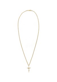 Collier en ton doré mettant en avant une fine chaîne et un pendentif crucifix, montrant un savoir-faire détaillé tant dans la conception de la chaîne que dans celle du pendentif.