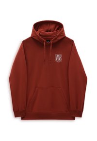 Sudadera roja con capucha hecha de una tela suave, que cuenta con un bolsillo frontal, capucha con cordón y un logo blanco impreso en el pecho.