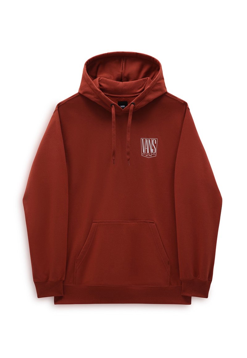 Sudadera roja con capucha hecha de una tela suave, que cuenta con un bolsillo frontal, capucha con cordón y un logo blanco impreso en el pecho.