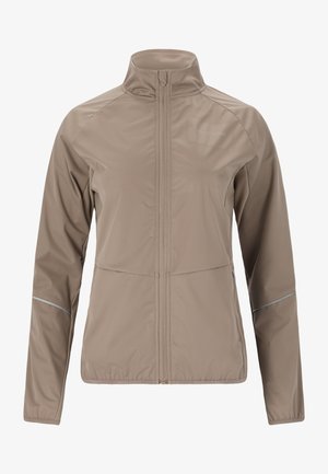 Hellbraune Jacke mit Stehkragen, durchgehendem Reißverschluss und reflektierenden Akzenten. Hergestellt aus glattem, leichtem Material mit strukturierter Passform.