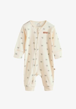 Kremasti otroški romper z zadrgo spredaj in dolgimi rokavi, ki ima ponovljen vzorec pentelj v sivi barvi in rjavo oznako "Ljubljen".