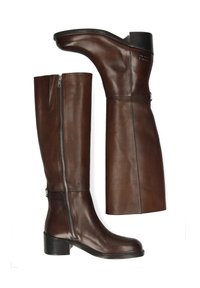 Bruna läderknäboots med en åtsittande del, siddragkedjedetalj och låg klack. Slät textur med minimala detaljer.