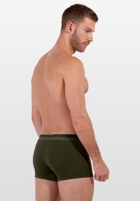 Pánské boxerkové trenýrky tmavě zelené barvy s přiléhavým střihem, vyrobené z měkké látky, s plochým pasem a jemným logem.