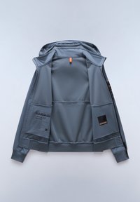 Graue Jacke mit Kapuze, mit einem strukturierten Innenfutter, orangefarbener Akzent-Schlaufe, Etiketten und elastischen Bündchen. Glattes, leichtes Material.