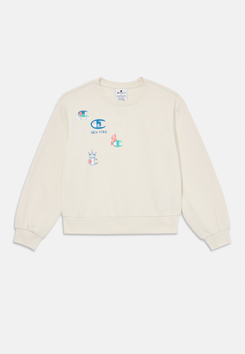 Sudadera de color crema con cuello redondo y mangas largas, que presenta logotipos y patrones bordados coloridos en la parte frontal.