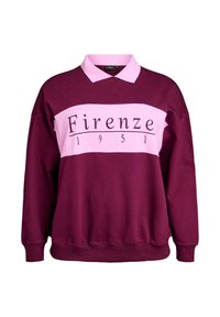 Bordový sweatshirt s ružovým blokom a nápisom "Firenze 1951" v čiernom písmene. Mäkka tkanina s golierom a rebrovanými manžetami.