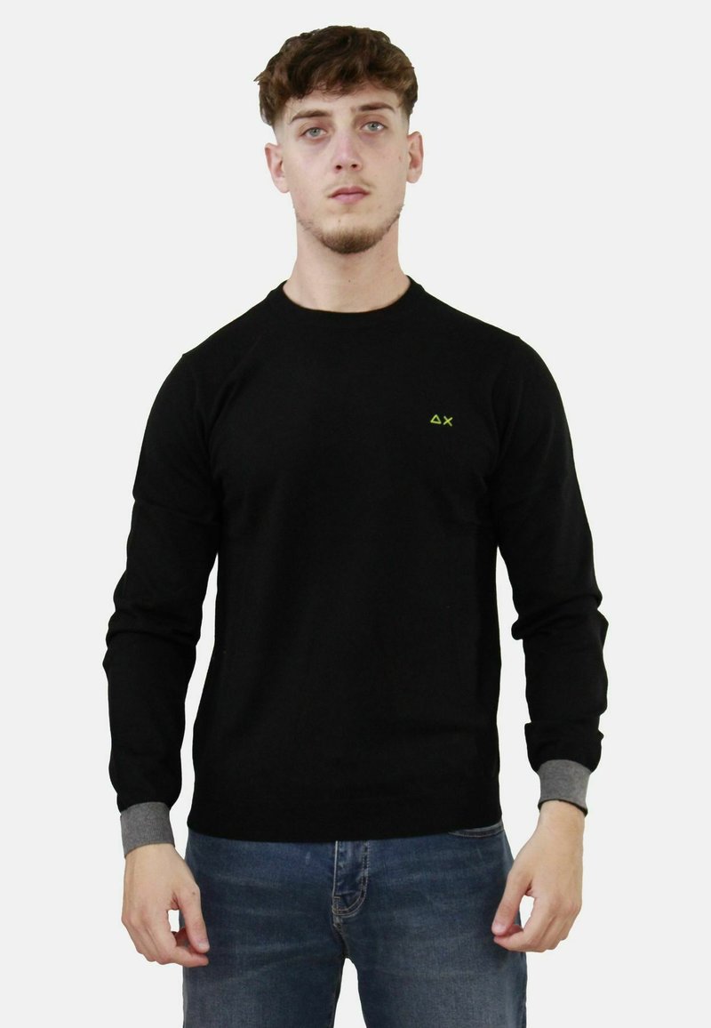 Maglione nero a maniche lunghe con collo rotondo, dettagli grigi ai polsini e un piccolo logo verde sul petto, realizzato in un tessuto morbido.