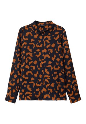 Zwarte lange mouwen blouse met knopen en een verbrande oranje luipaardprintpatroon, met een klassieke kraag.